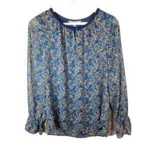Daniel Rainn Women's Blue Paisley Print Long Sleeve Keyhole Blouse Size Medium